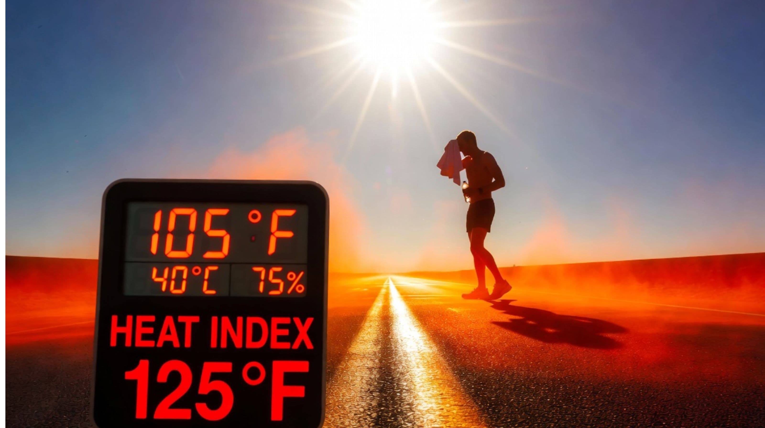 Person checking temperature on a hot summer day with sun and humidity visualization showing heat index concept