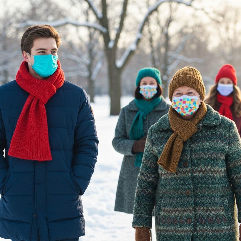 People dressed in proper winter gear with face coverings demonstrating cold weather safety practices