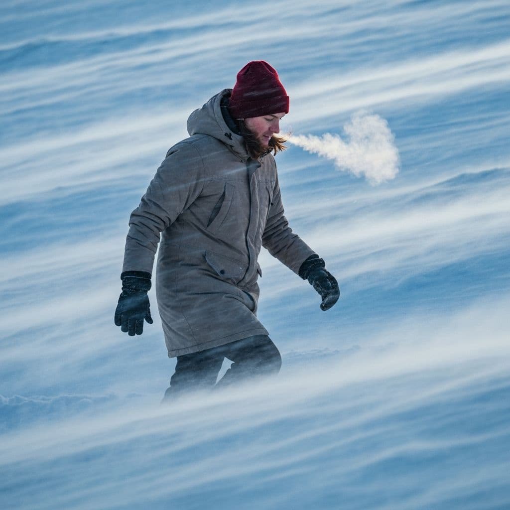 Person bundled up in winter clothing on a cold windy day with snow, demonstrating wind chill effect