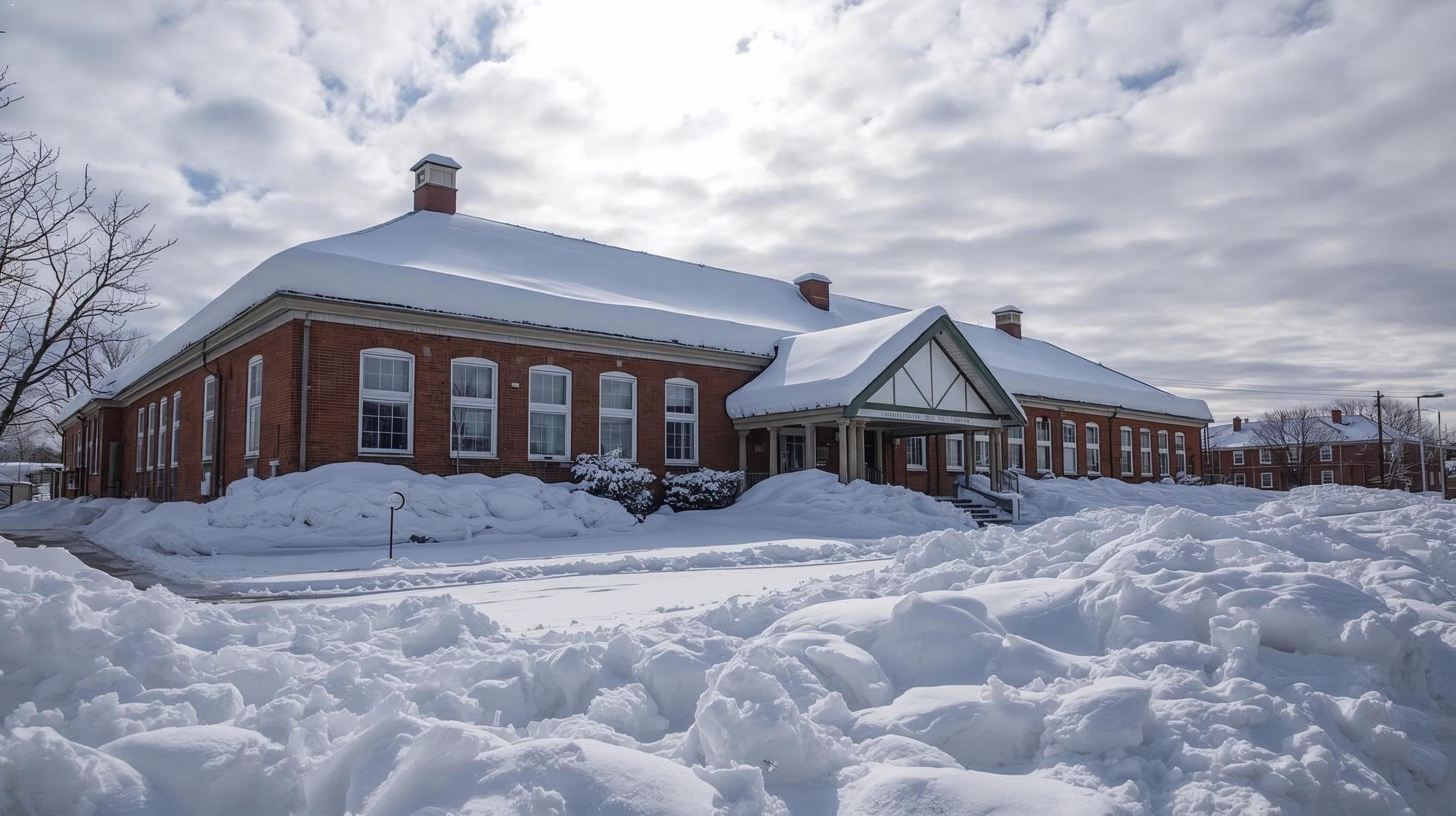 雪覆盖的学校建筑，积雪厚重，冬季条件显示典型的下雪天气