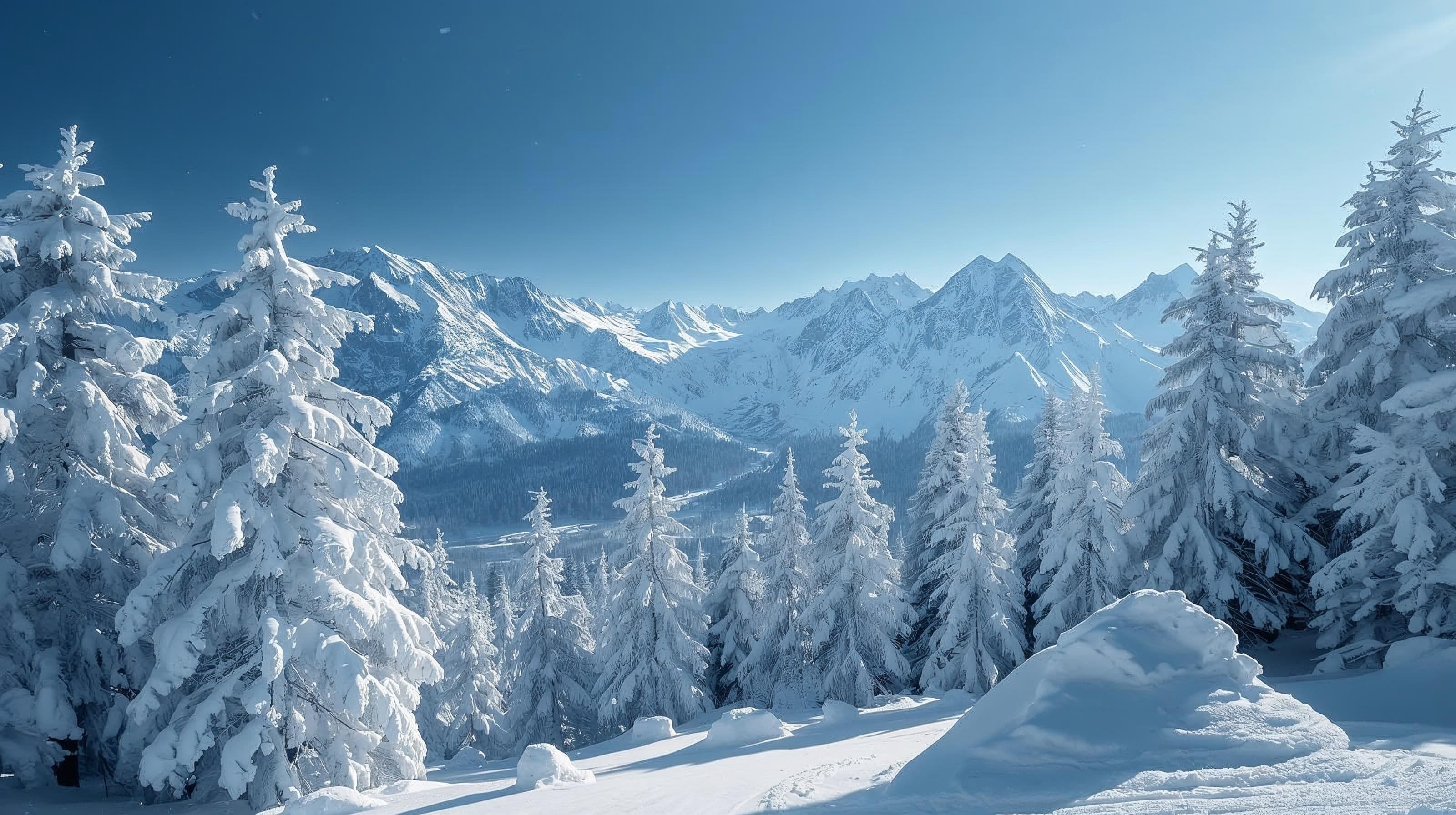 宁静的冬季景观，积雪覆盖的树木和山脉显示适合冬季户外活动的完美下雪天条件